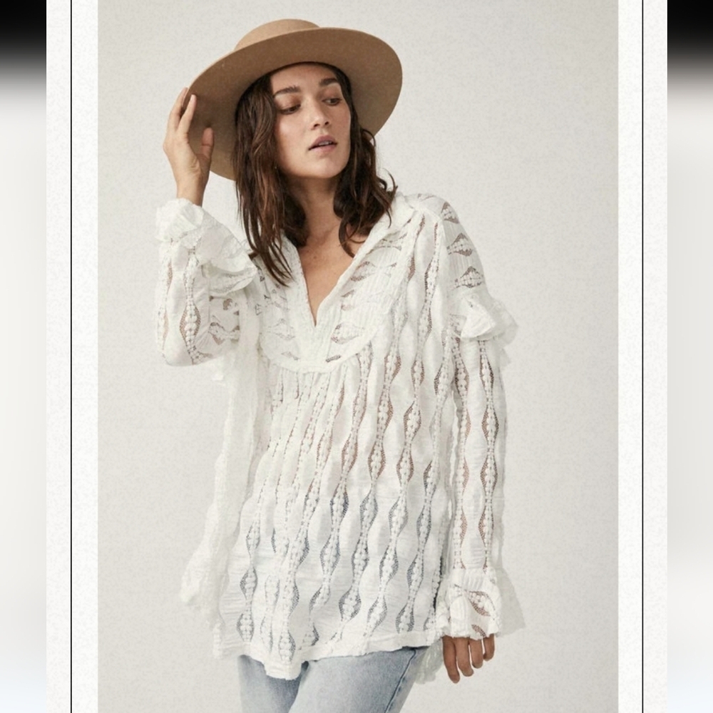 NWOT Free People Women's Candy Shop Sheer Lace Tunic Top Size XS Boho Coastal - Picture 12 of 12